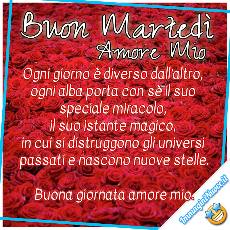 Buon Martedì Amore Mio, Ogni giorno è diverso dall’altro, ogni alba porta con sè il suo speciale miracolo, il suo istante magico, in cui si distruggono gli universi passati e nascono nuove stelle. Buona giornata amore mio.