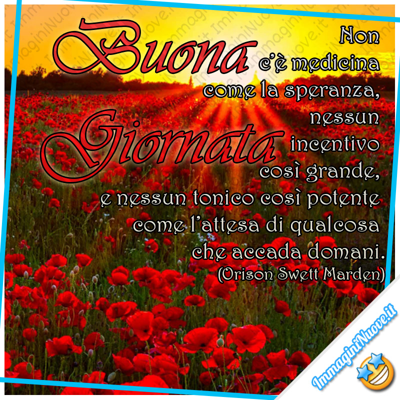 Buona Giornata - "Non c’è medicina come la speranza, nessun incentivo così grande, e nessun tonico così potente come l’attesa di qualcosa che accada domani." (Orison Swett Marden)